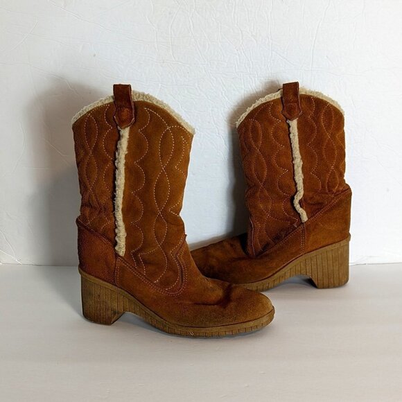 Vintage Suede Western Festival Platform Boots Shearling Lined Boho Size 8 - Picture 15 of 15